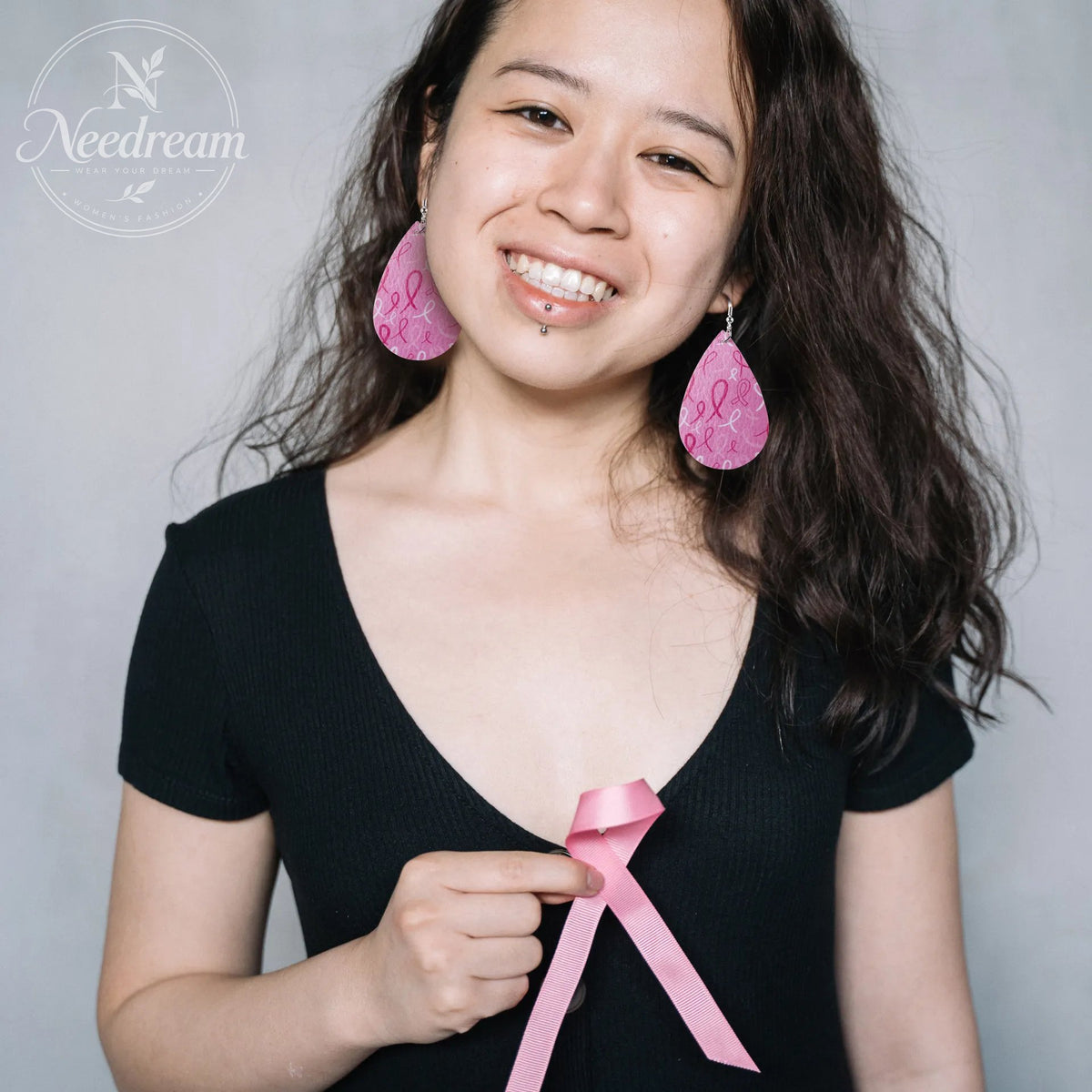 Pink Ribbon Artificial Leather Water Droplet Earrings