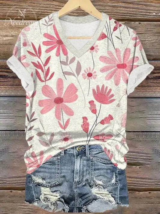 Women's Breast Cancer Pink Flower Print Casual V-Neck T-Shirt