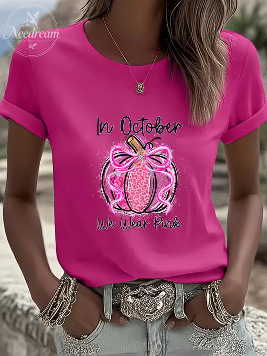 Women'S In October We Wear Pink Casual Round Neck T-Shirt