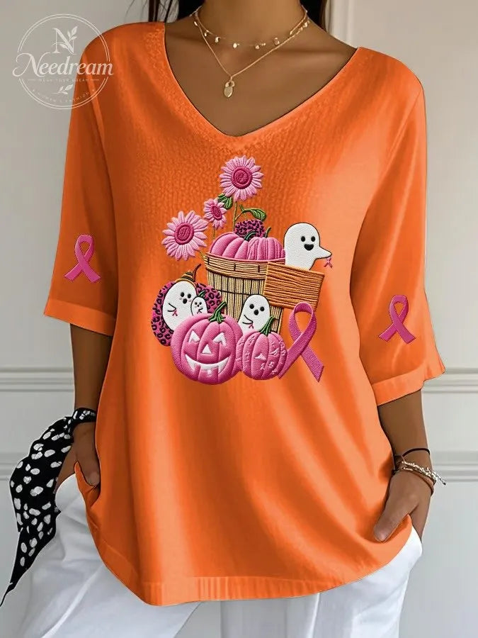 Women's Pink Pumpkin Ghost Print Ribbed Top
