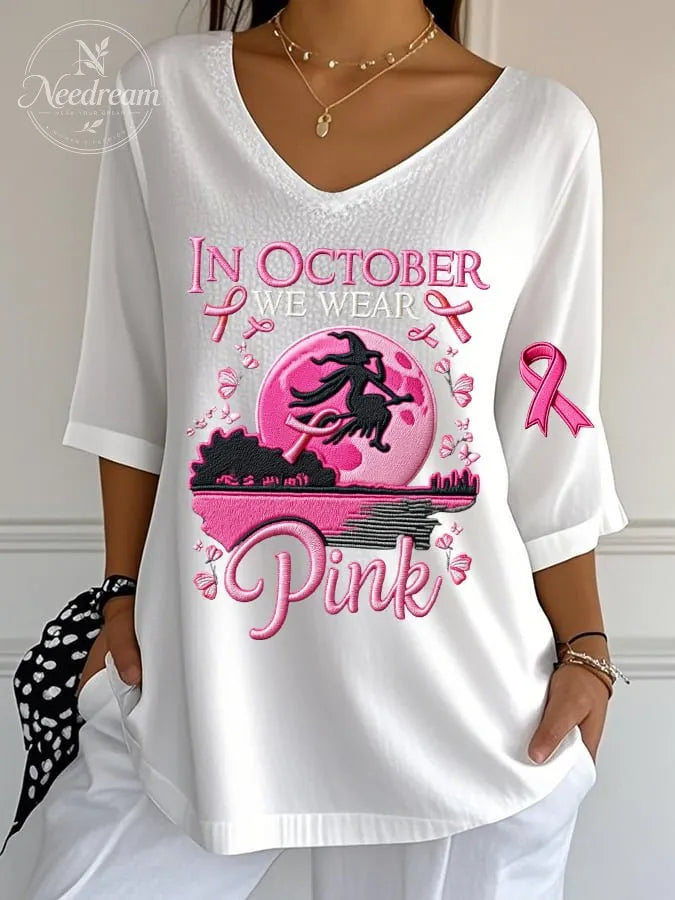 Women's Casual October We Wear Pink Witch Bubble Wrinkle Top