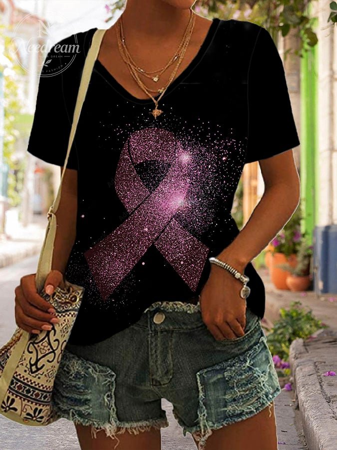 Women's Casual Breast Cancer Ribbon Print Short Sleeve T-Shirt