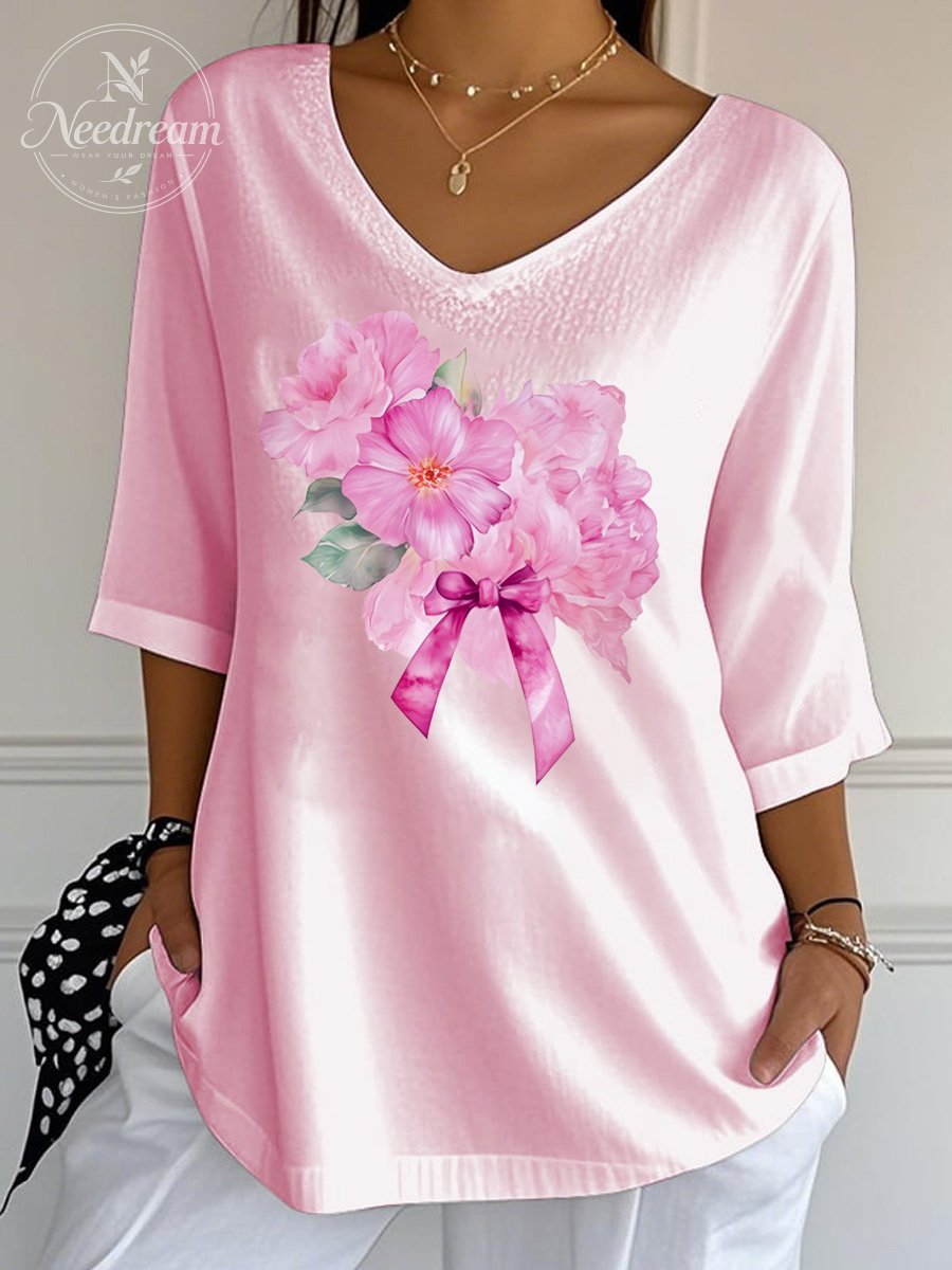 Women's Breast Cancer Flower Wrinkle Top