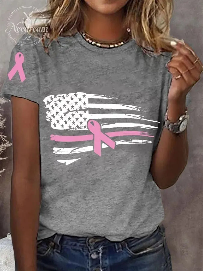 Women's Pink Ribbon Breast Cancer Awareness American Flag Tee