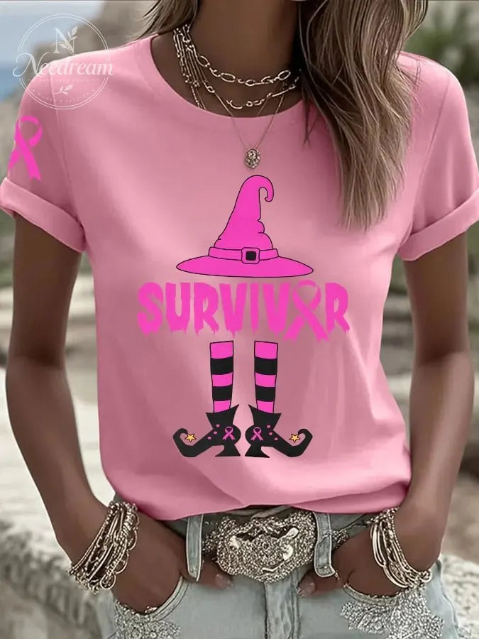 Women's Breast Cancer Survivor Witch Print Casual T-shirt