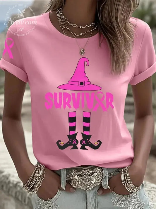 Women's Breast Cancer Survivor Witch Print Casual T-shirt