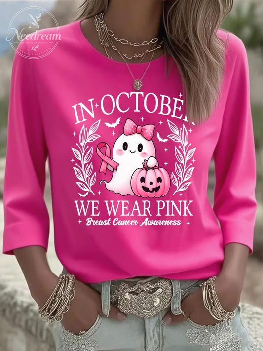 Women's In October We Wear Pink Three-Quarter Sleeve Round Neck T-Shirt