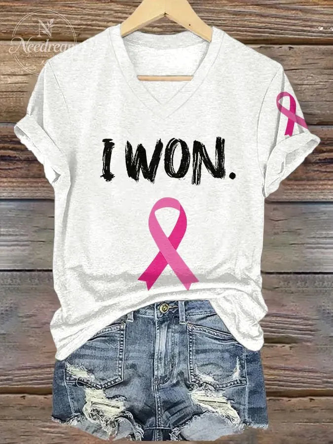 V-neck Retro Breast Cancer Awareness Pink Ribbon I Won Print T-Shirt