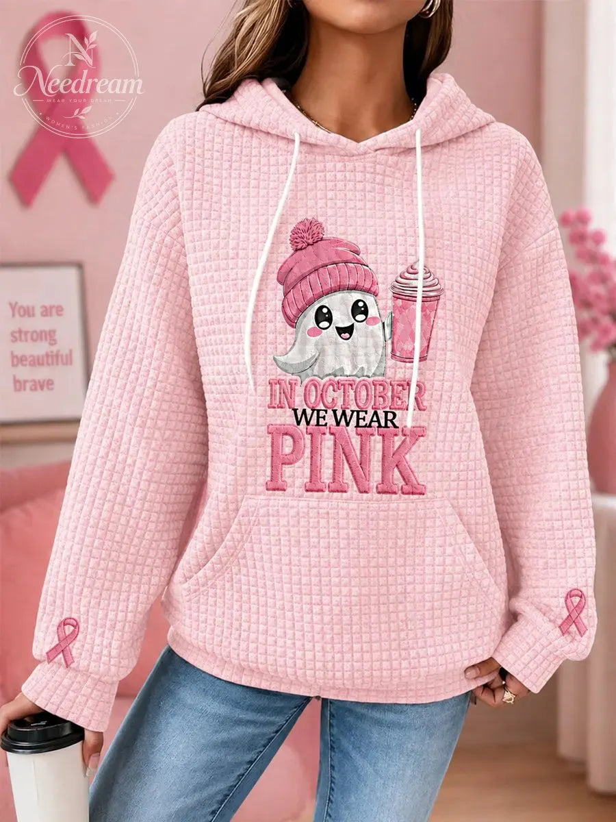 Women's In October We Wear Pink Halloween Pink Ghost Print Breast Cancer Awareness Support Waffle Hoodie