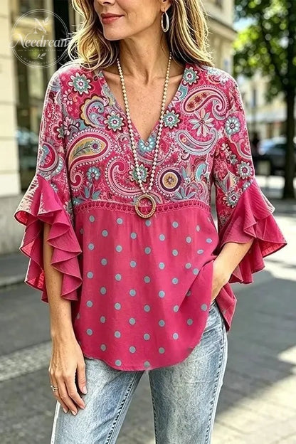 Women's Vintage Paisley Print V-Neck Hollow Out Top