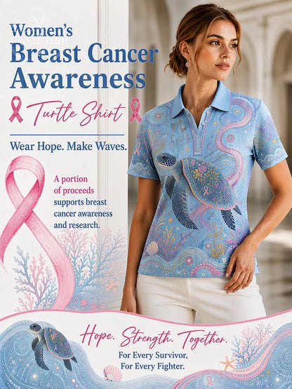 Women's Classic Polo Tee with Breast Cancer Ribbon – Flattering Fit & Everyday Style
