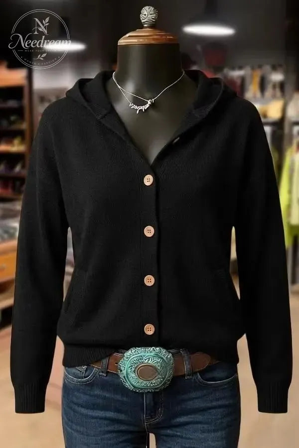 Solid Button Detailed Hoodie Sweater