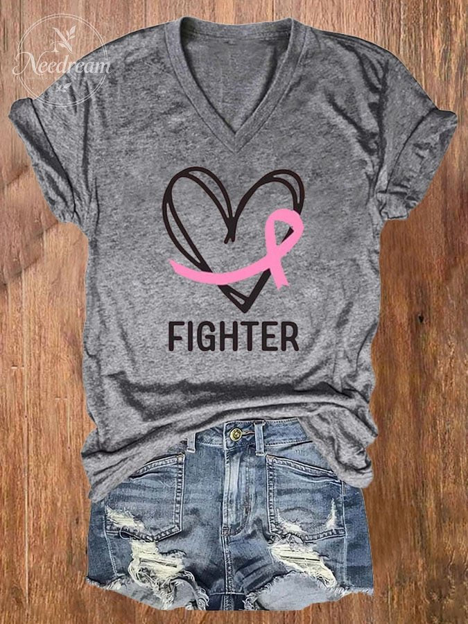 Women's Breast Cancer Awareness Printed V-Neck T-Shirt
