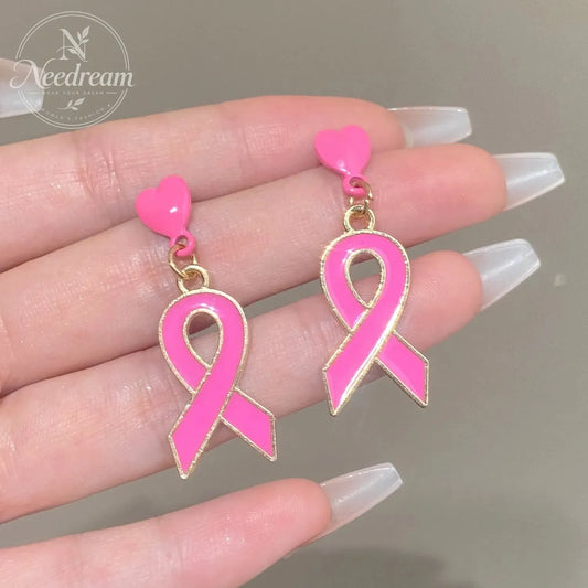 Pink Ribbon Heart Earrings For Breast Cancer Awareness