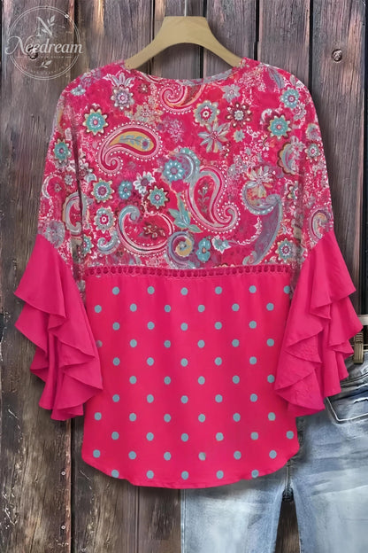 Women's Vintage Paisley Print V-Neck Hollow Out Top