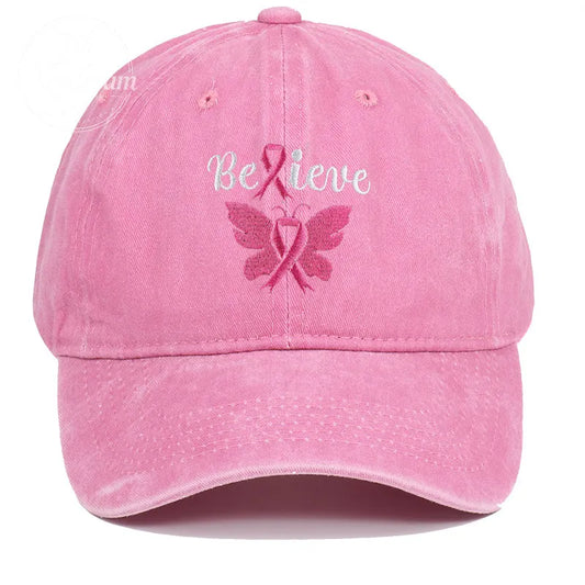 Pink October Breast Love Believe Pattern Embroidered Washed Unisex Baseball Hats