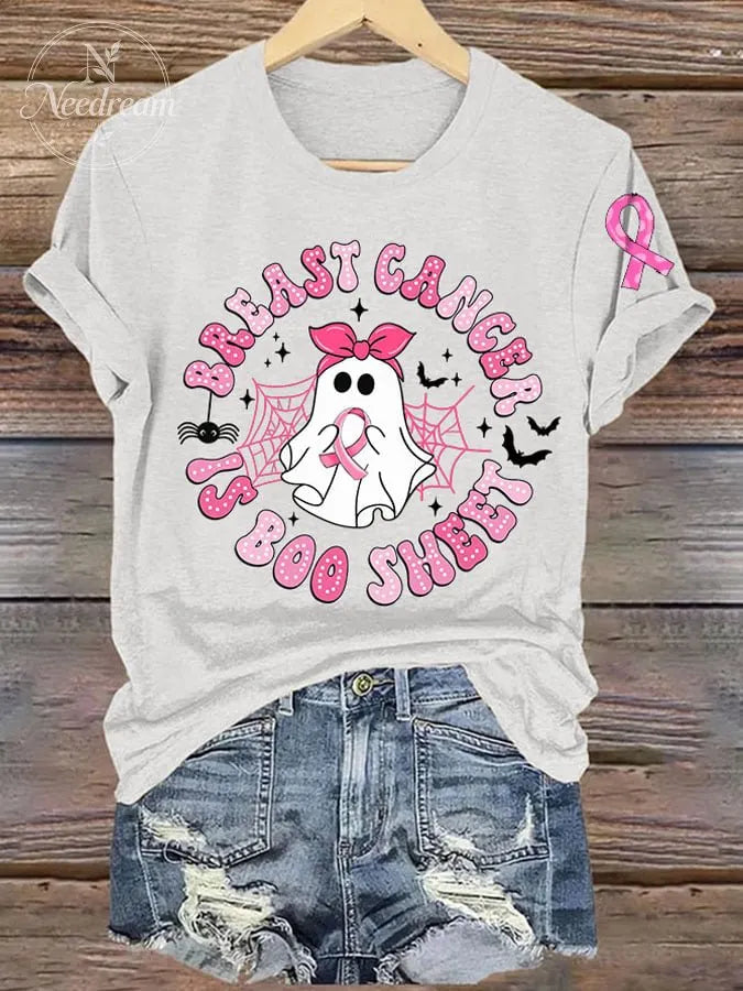 Women's Breast Cancer Is Boo Sheet Printed Casual V Neck T-Shirt