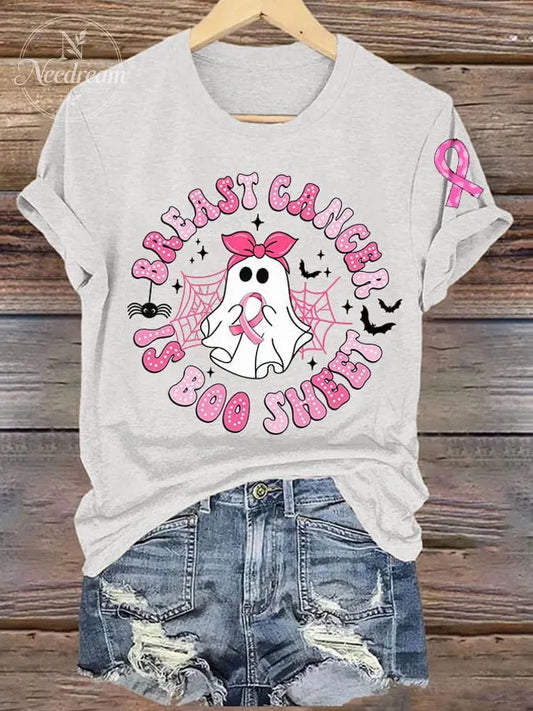 Women's Breast Cancer Is Boo Sheet Printed Casual V Neck T-Shirt