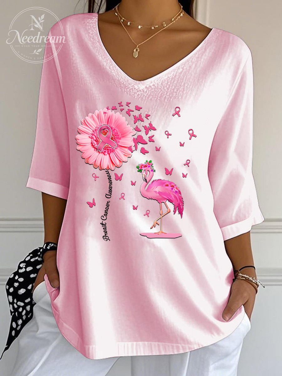 Women's Breast Cancer Pattern Print Wrinkle Top