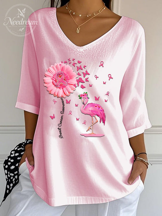 Women's Breast Cancer Pattern Print Wrinkle Top