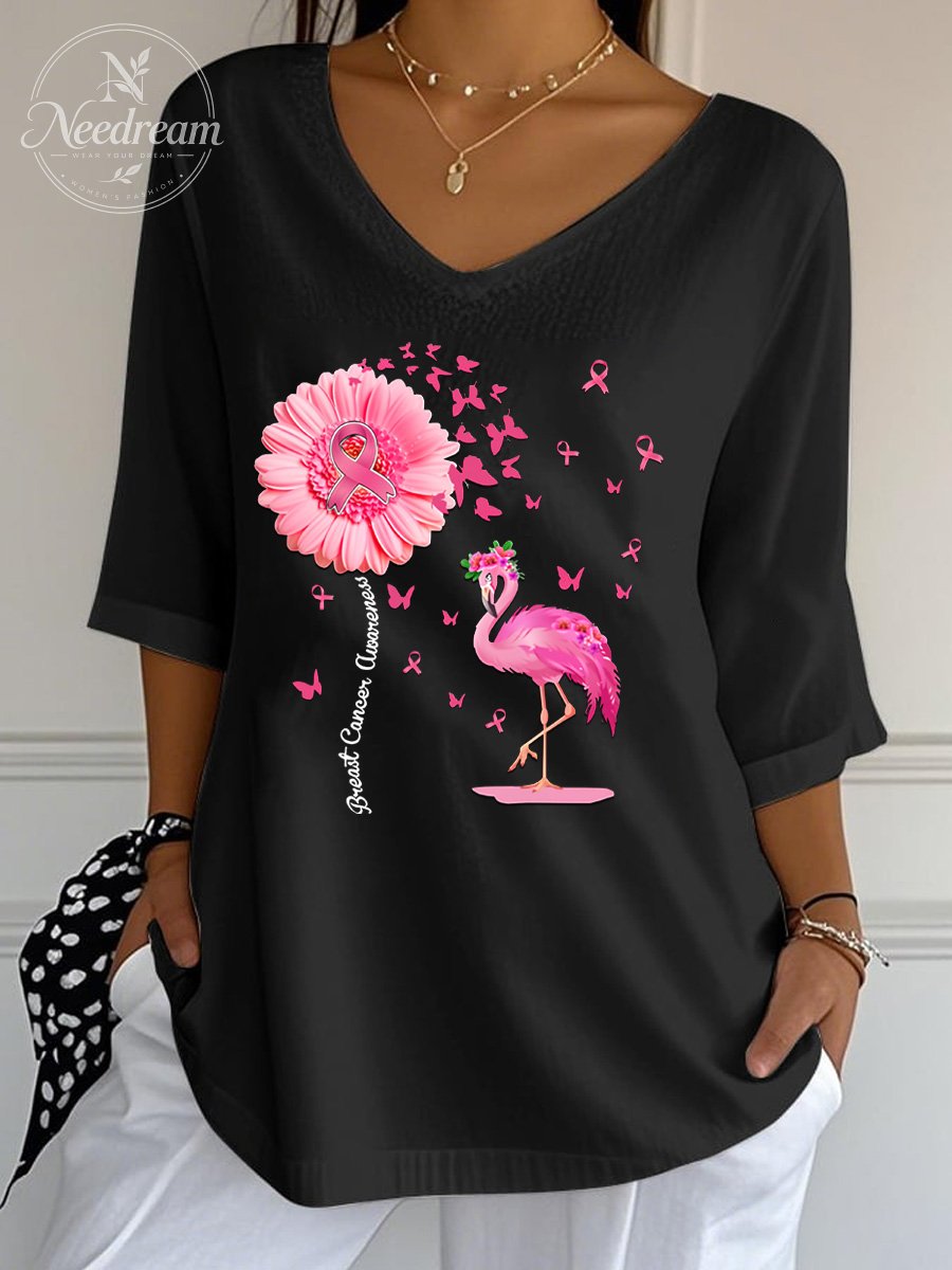 Women's Breast Cancer Pattern Print Wrinkle Top