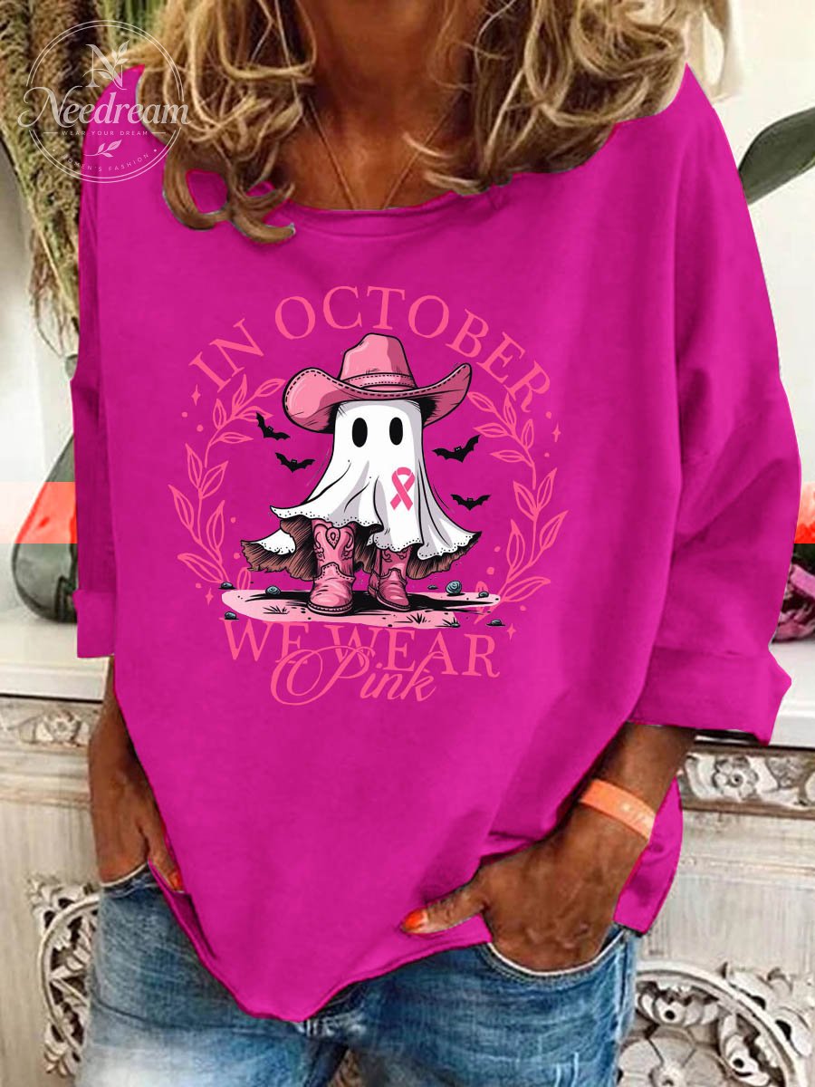 Women's October We Wear Pink Breast Cancer Awareness  Western Cowboy Ghost Print Casual Sweatshirt