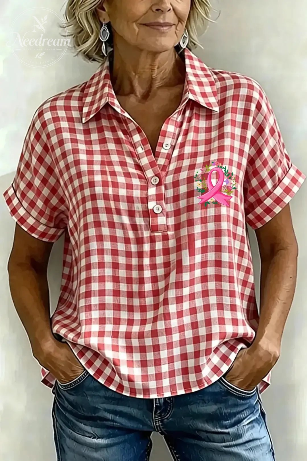Women's Classic Plaid Cotton-Linen V-Neck Button-Front Shirt