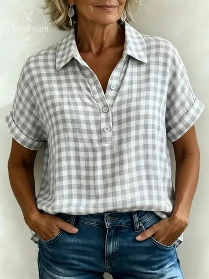 Women's Classic Plaid Cotton-Linen V-Neck Button-Front Shirt