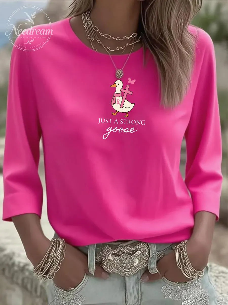 Women's Breast Cancer Just Strong Goose Three-Quarter Sleeve Round Neck T-Shirt