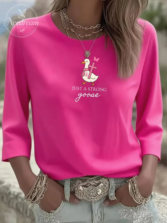 Women's Breast Cancer Just Strong Goose Three-Quarter Sleeve Round Neck T-Shirt