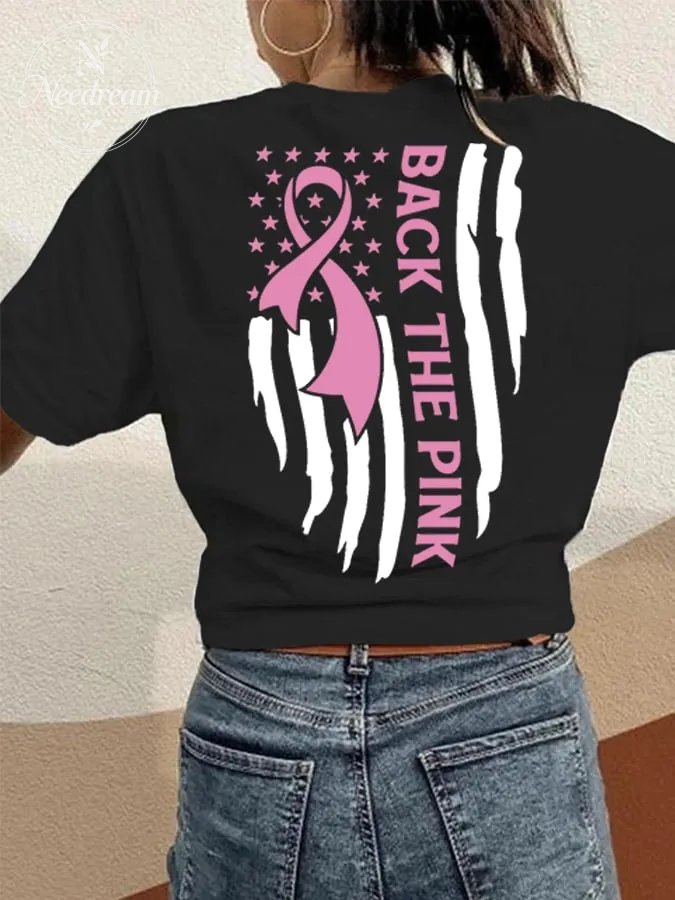 Women's Back The Pink American Falg Breast Cancer Awareness Warrior Tee