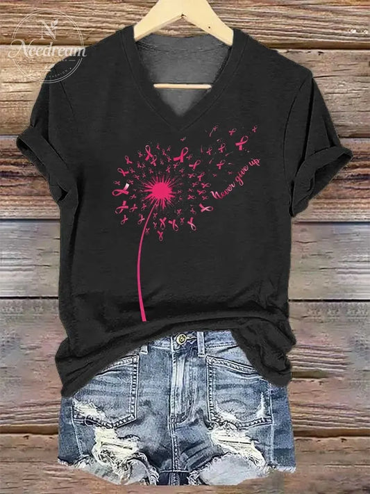Women's Never Give Up Breast Cancer Awareness V-neck Casual T-Shirt