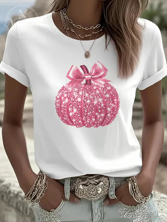 Women's Breast Cancer Sequined Pumpkin Print Casual T-shirt