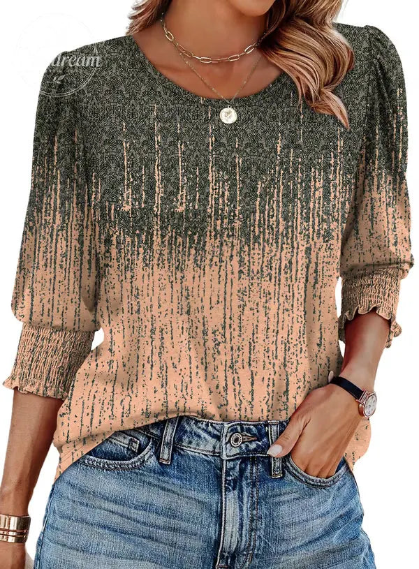 Women Dressy Casual 3/4 Length Sleeve Blouses with Smocked Cuffs