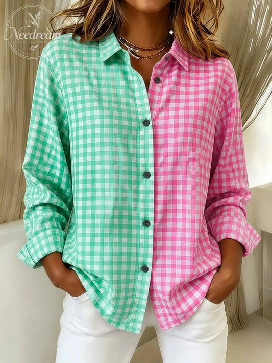Women'S Casual Retro Pink And Green Color-Block Plaid Shirt