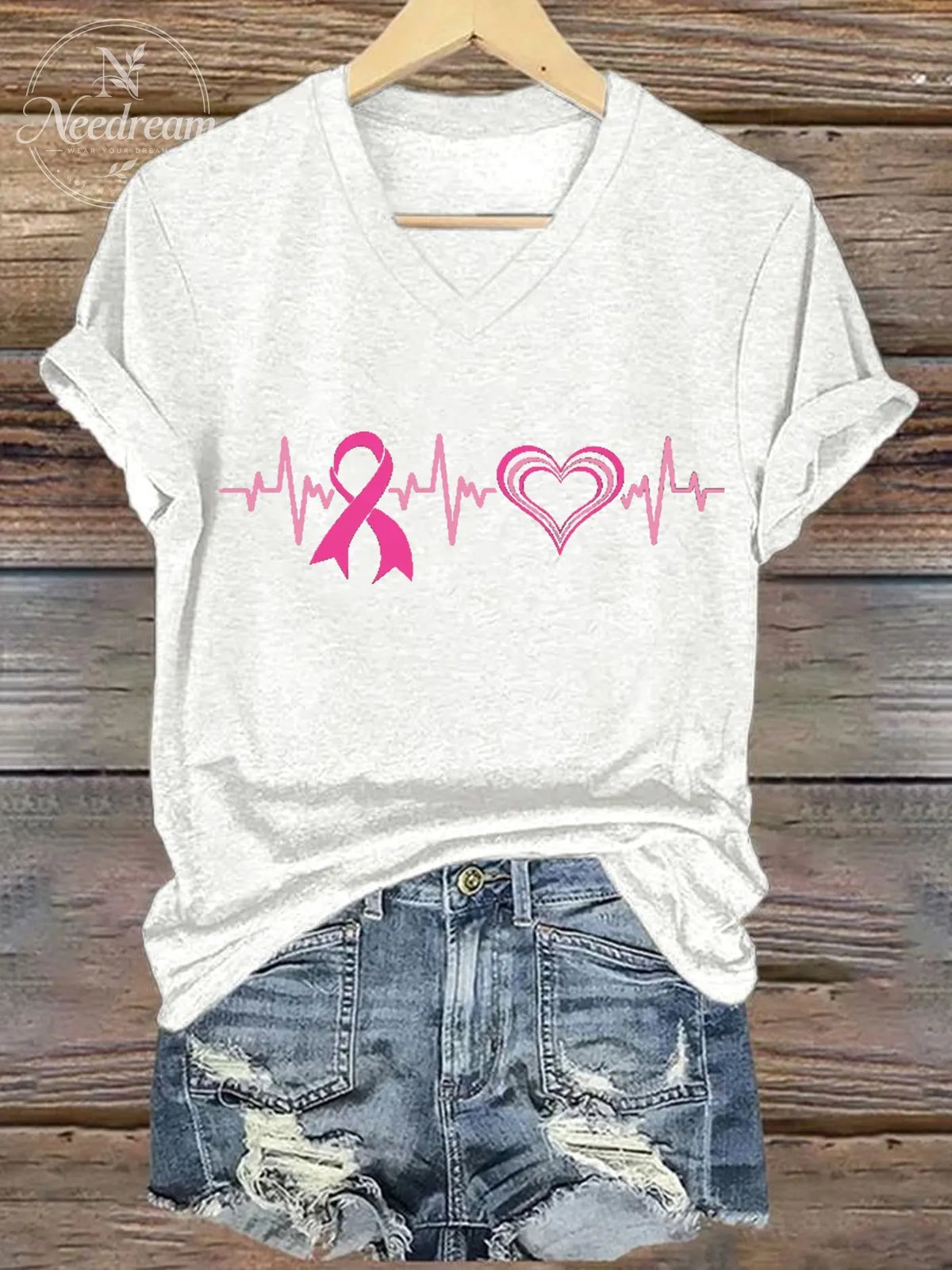 Women's Breast Cancer Awareness Print V-Neck T-Shirt
