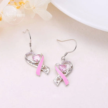 Pink Heart-Shaped Ribbon Shaped Diamond Studded Heart-Shaped Earrings