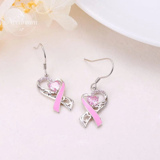 Pink Heart-Shaped Ribbon Shaped Diamond Studded Heart-Shaped Earrings