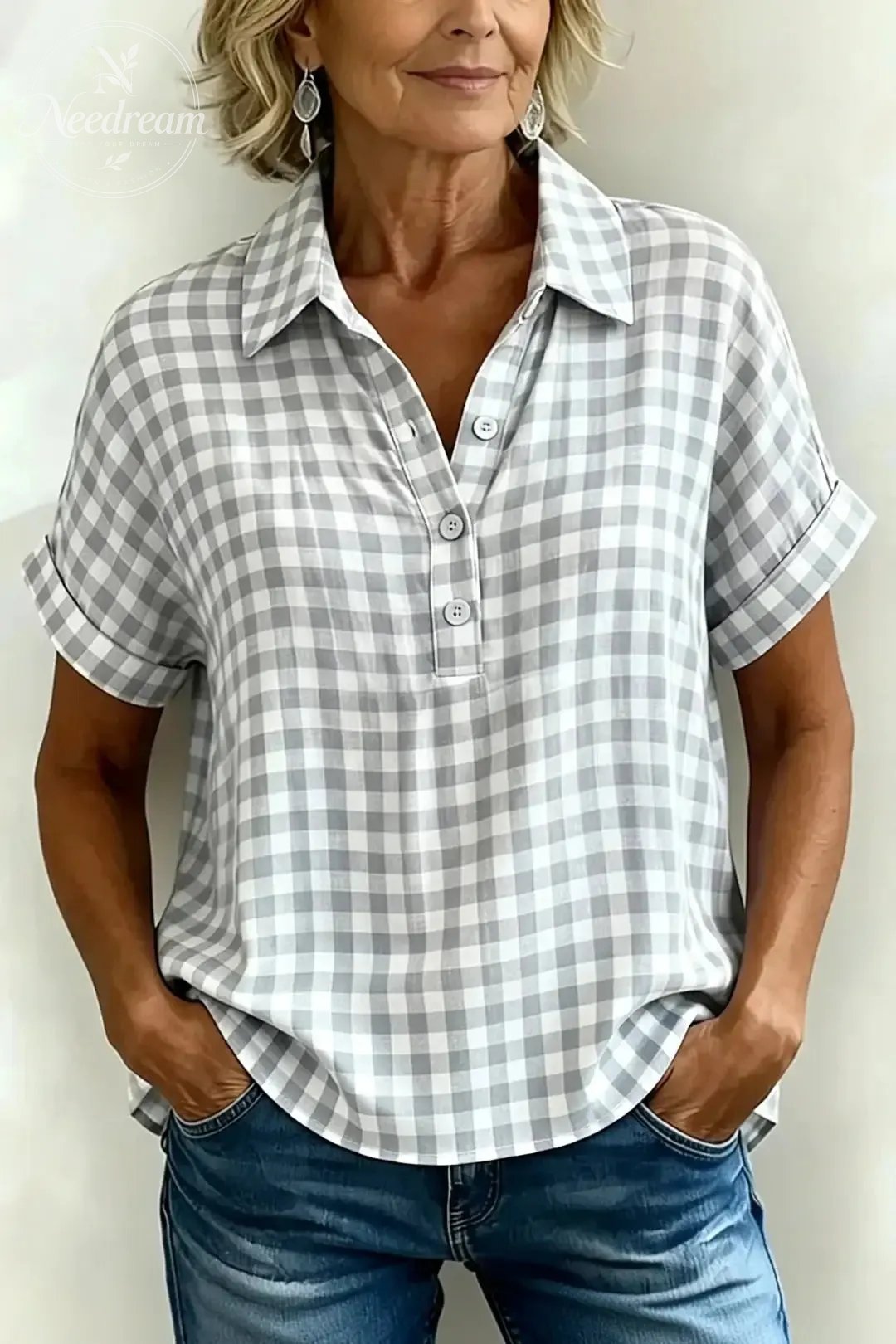 Women's Classic Plaid Cotton-Linen V-Neck Button-Front Shirt