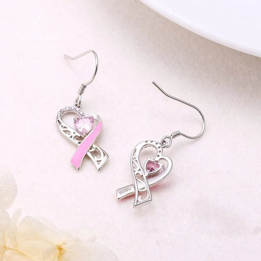 Pink Heart-Shaped Ribbon Shaped Diamond Studded Heart-Shaped Earrings