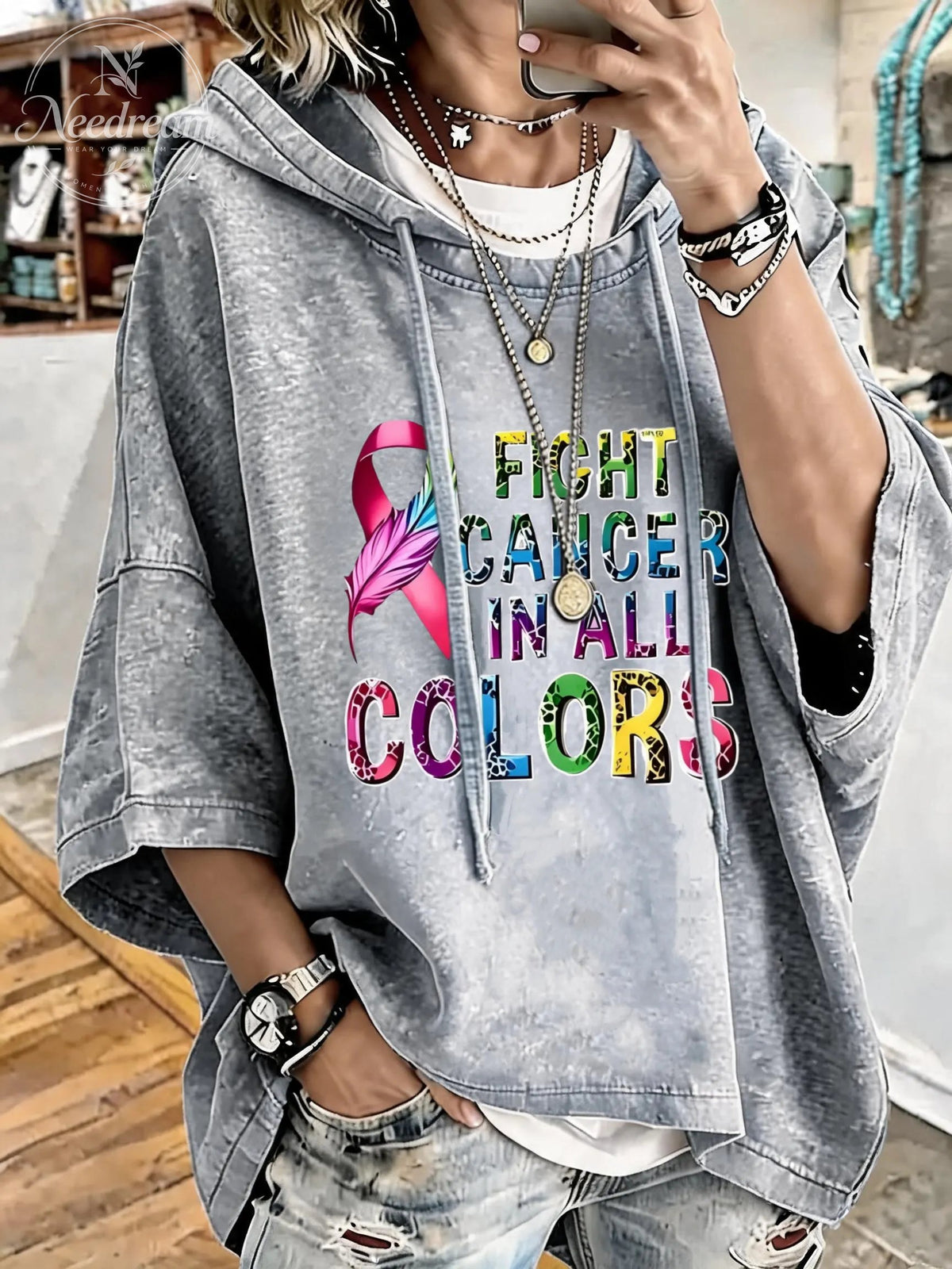 Women'S Fight Cancer In All Colors  Distressed Washed Oversized Hoodie