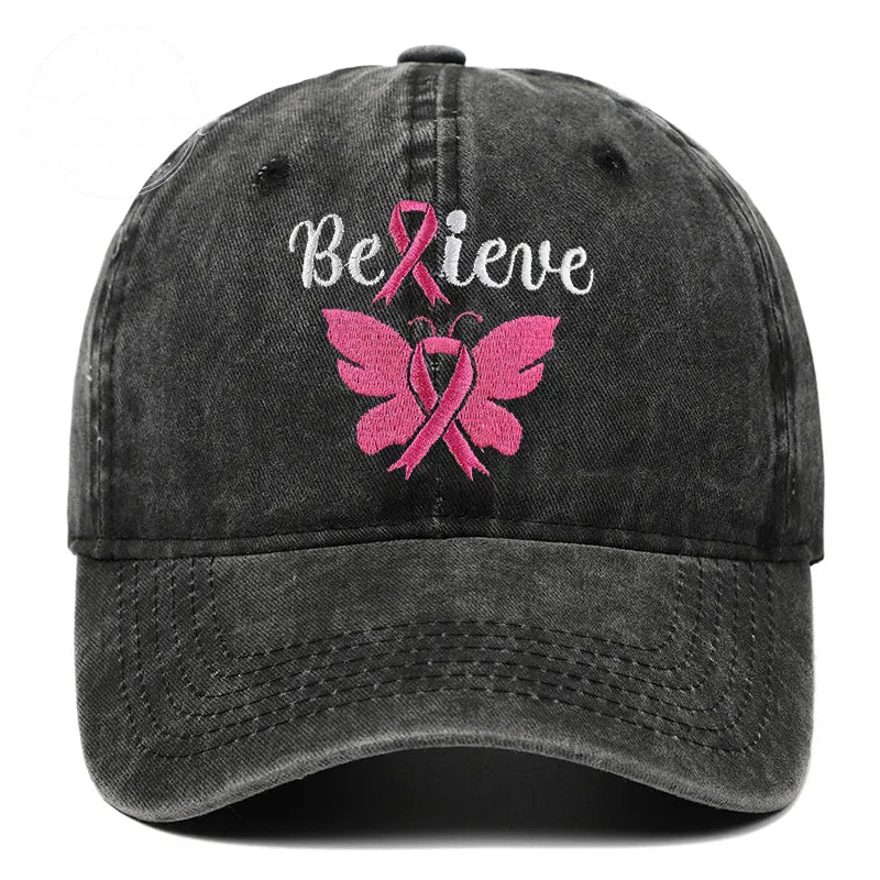 Pink October Breast Love Believe Pattern Embroidered Washed Unisex Baseball Hats