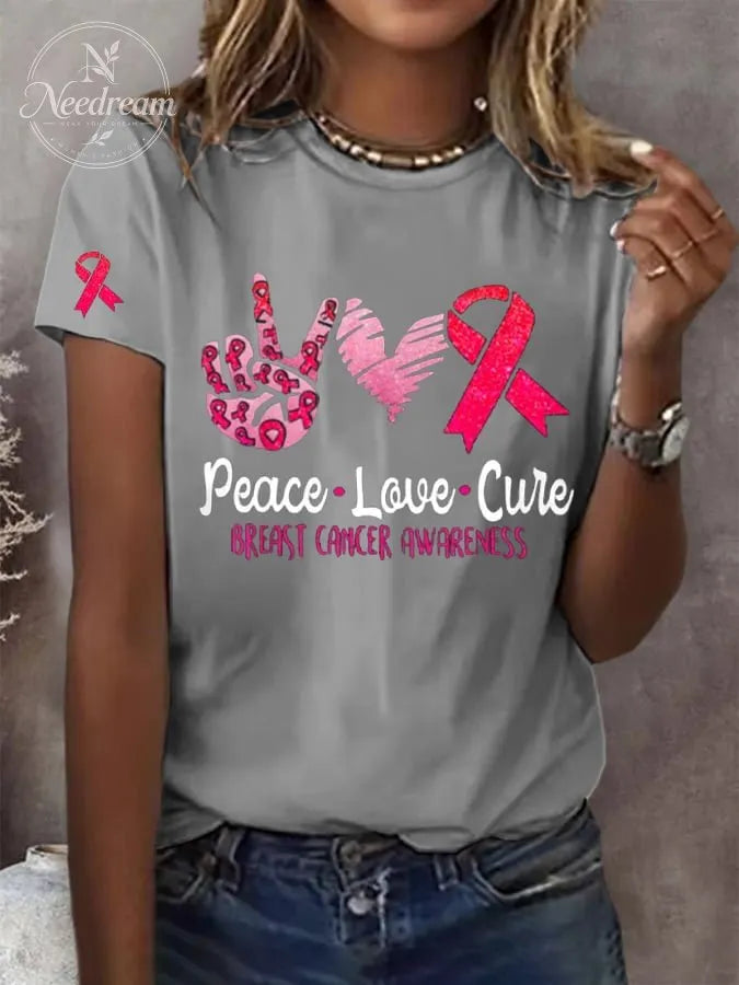 Women's Peace Love Cure Breast Cancer Printed Round Neck Short Sleeve T-Shirt