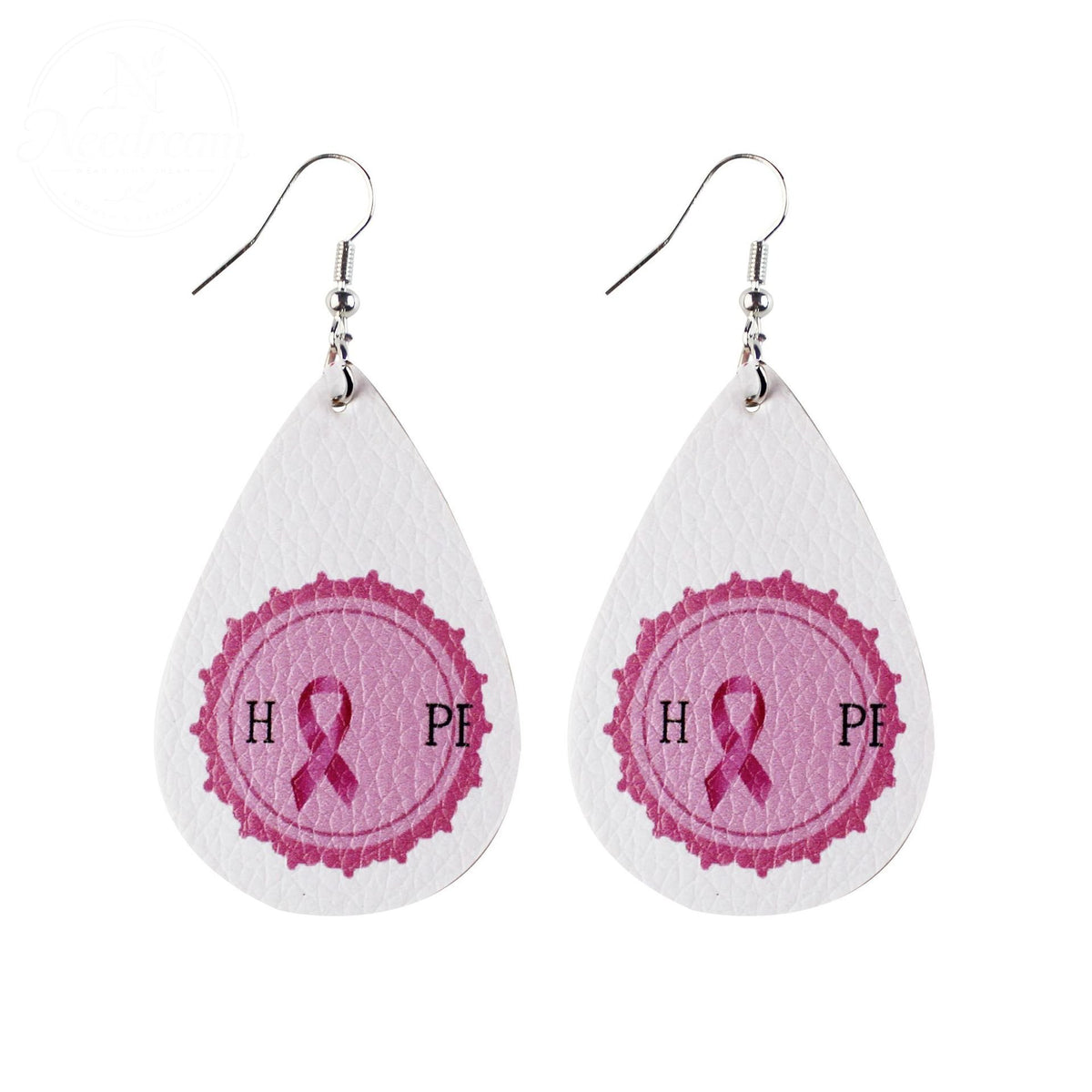 Pink Ribbon Artificial Leather Water Droplet Earrings