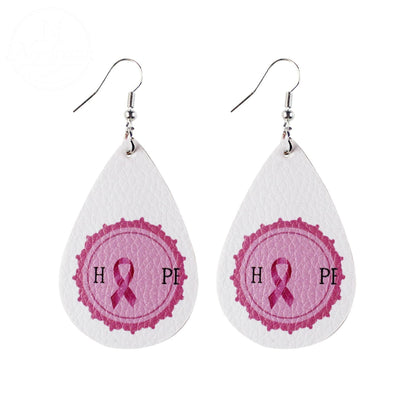 Pink Ribbon Artificial Leather Water Droplet Earrings