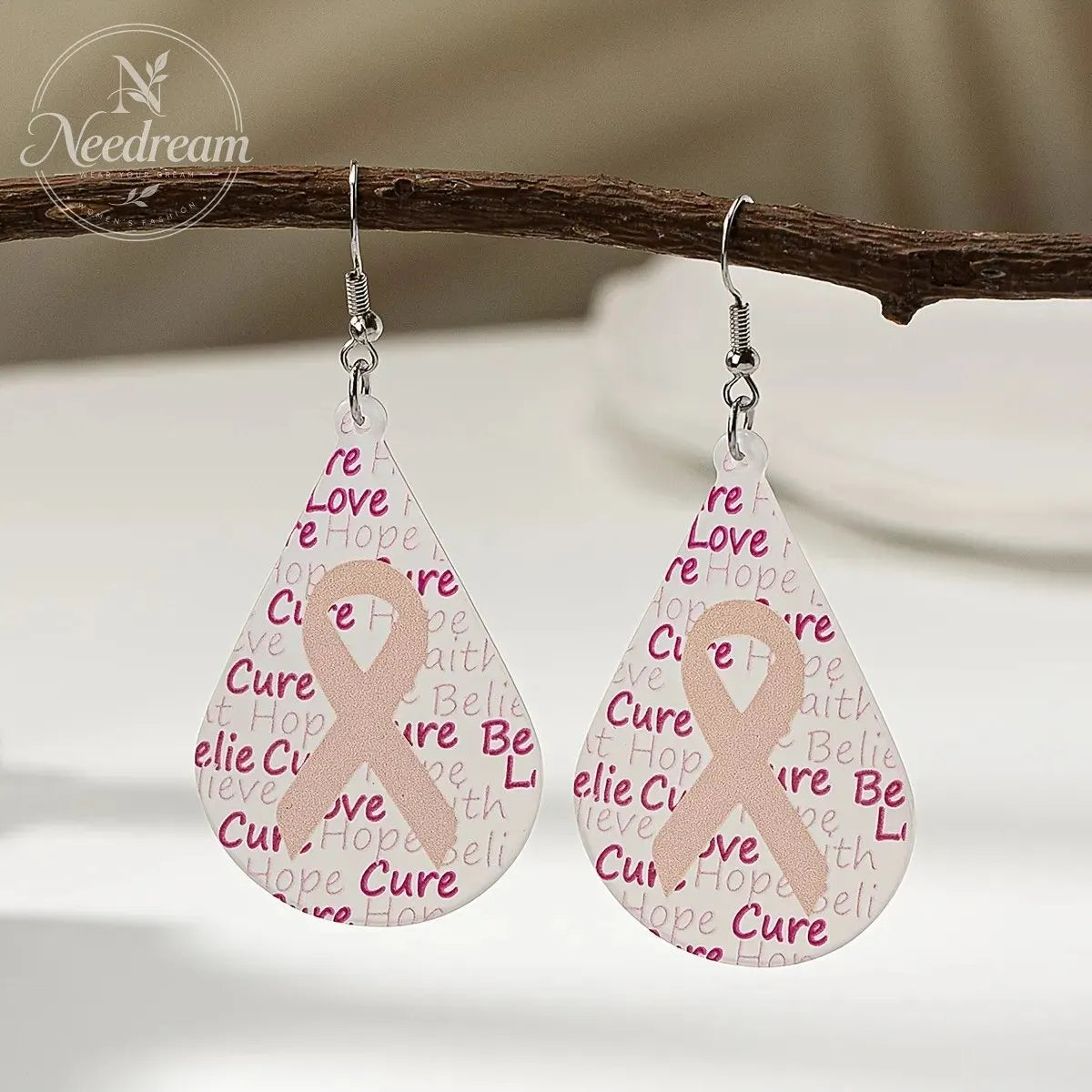 Waterdrop Ribbon Breast Cancer Festival Earrings