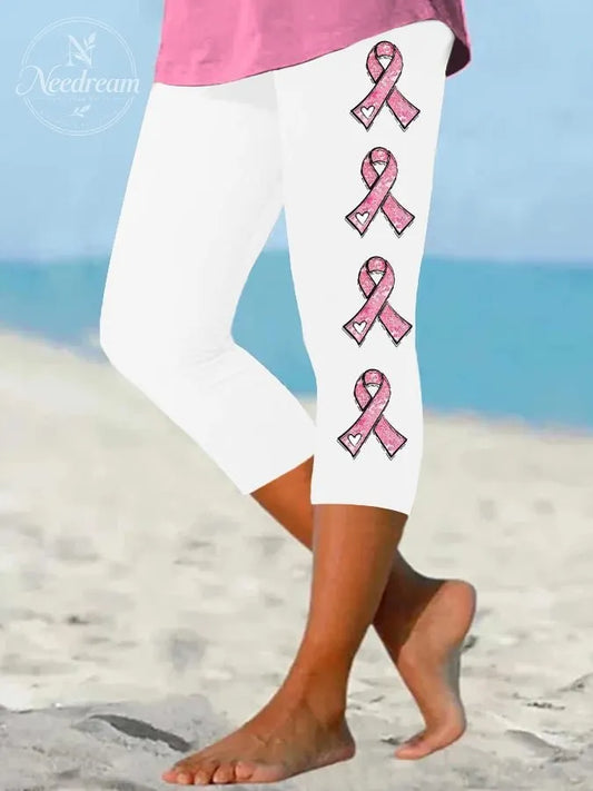 Women's Pink Ribbon Breast Cancer Awareness Warrior Supporter Cropped Leggings