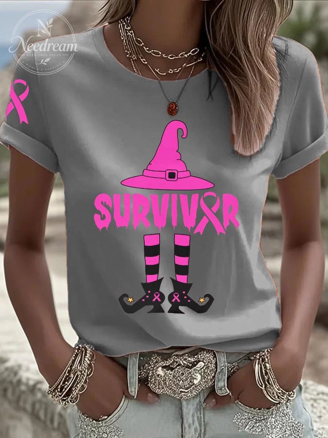 Women's Breast Cancer Survivor Witch Print Casual T-shirt