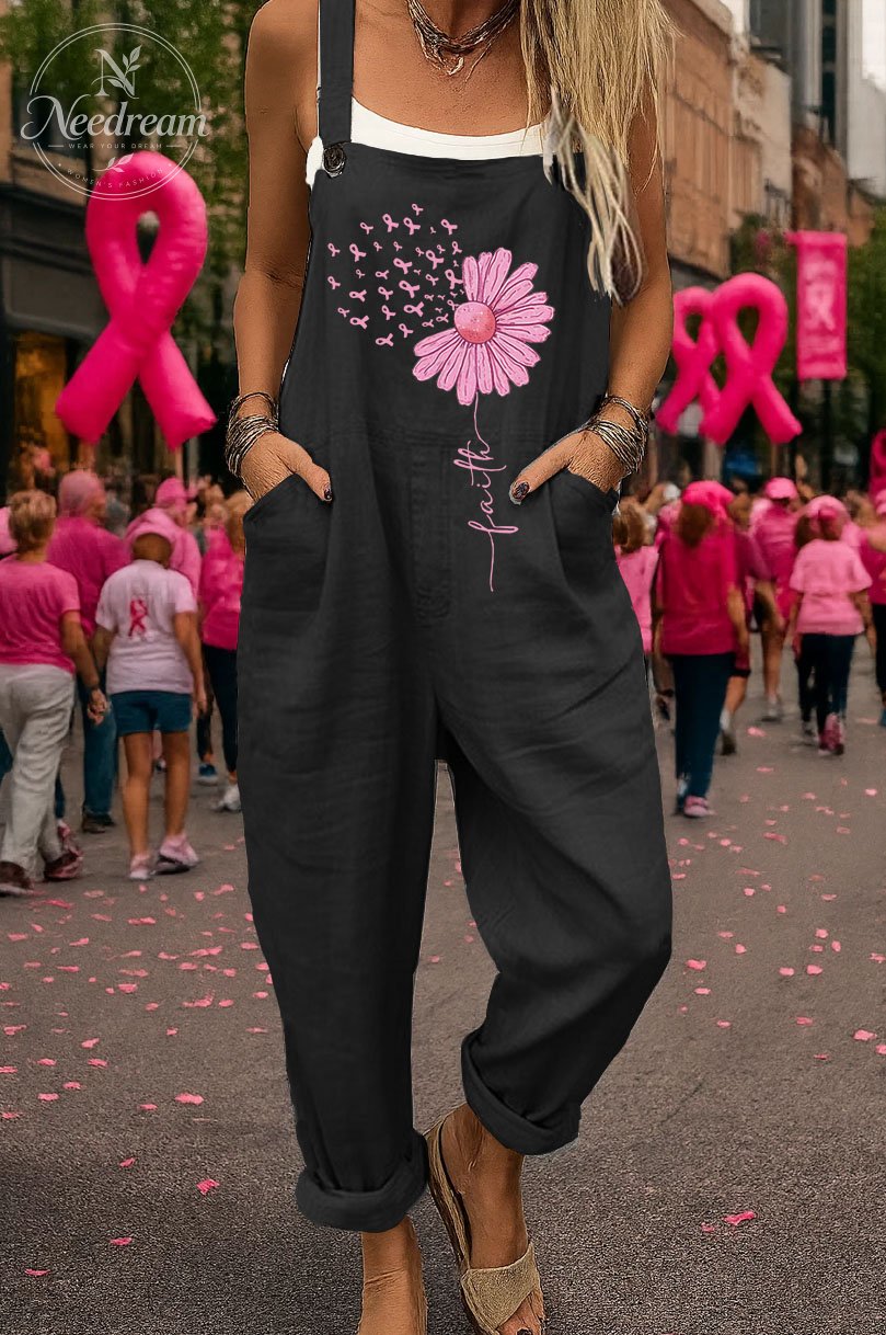 Women's Pink October Faith Pattern Print  Casual Cotton Pocket Jumpsuit
