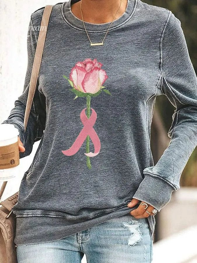 Women's Rose With Pink Ribbon Embroidered Printed Sweatshirt